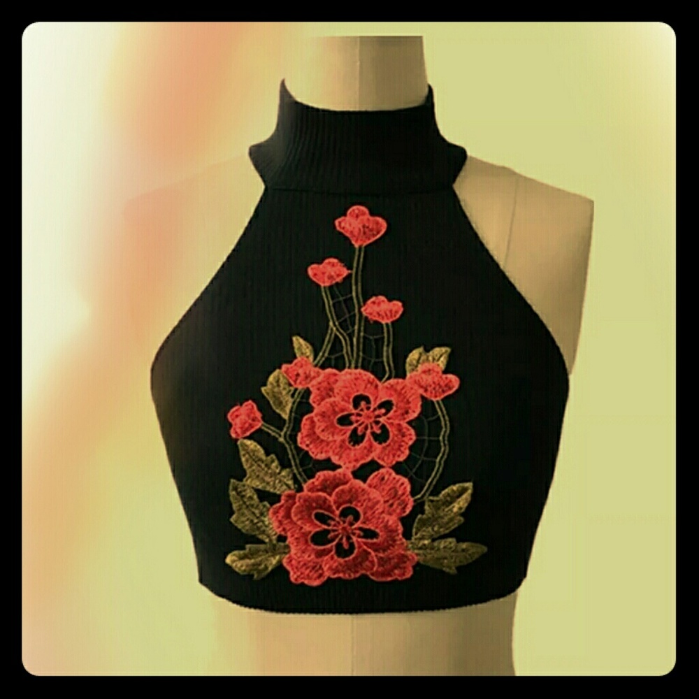 Black Floral Embroidered Halter Crop Top